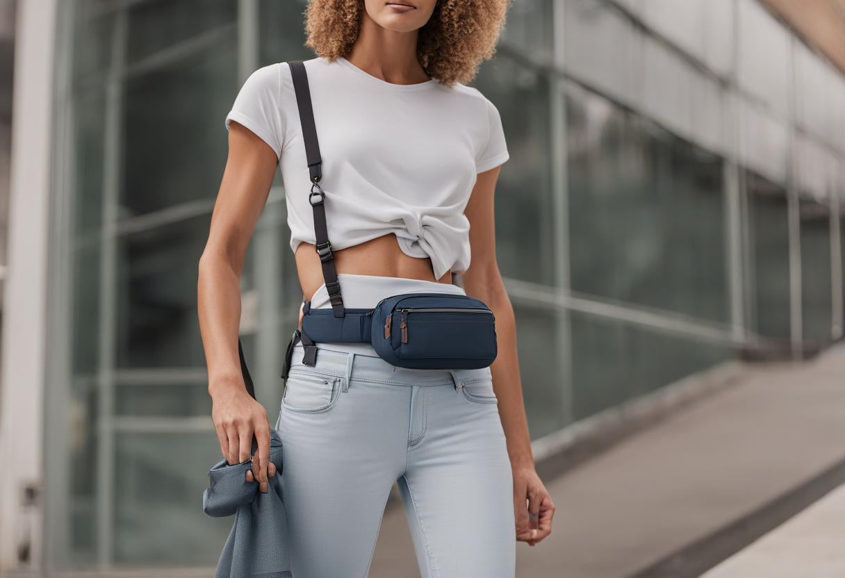 A lifestyle image of someone wearing the Lululemon Belt Bag casually with jeans and a tee or tank top. The image should showcase the bag's versatility.