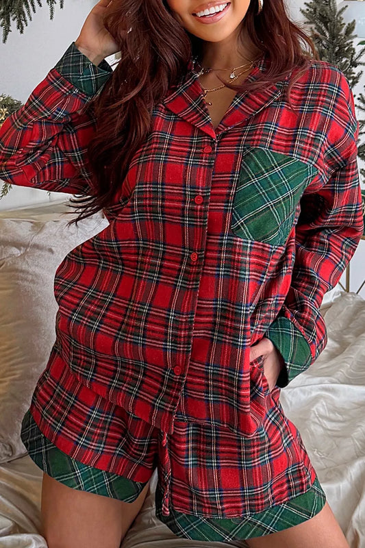 Plaid Contrast Patched Christmas Holiday Long Sleeve Shirt and Short 2pcs Pajama Set