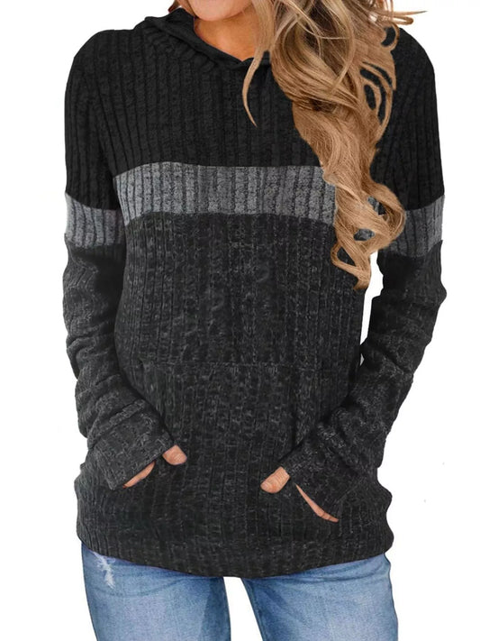 Full Size Color Block Ribbed Knit Hoodie Plus Size