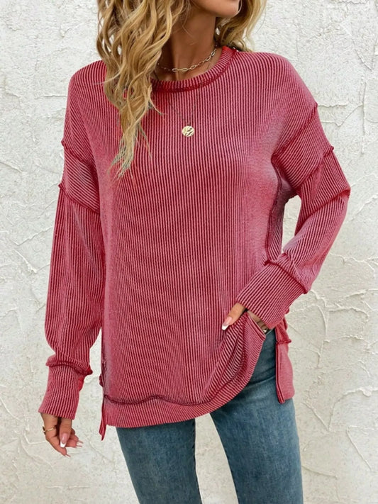 Side Slit Round Neck Dropped Shoulder Sweatshirt