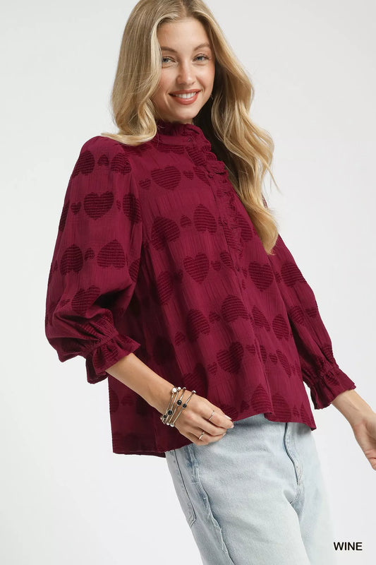 Umgee Heart Jacquard Ruffle Trim Shirt